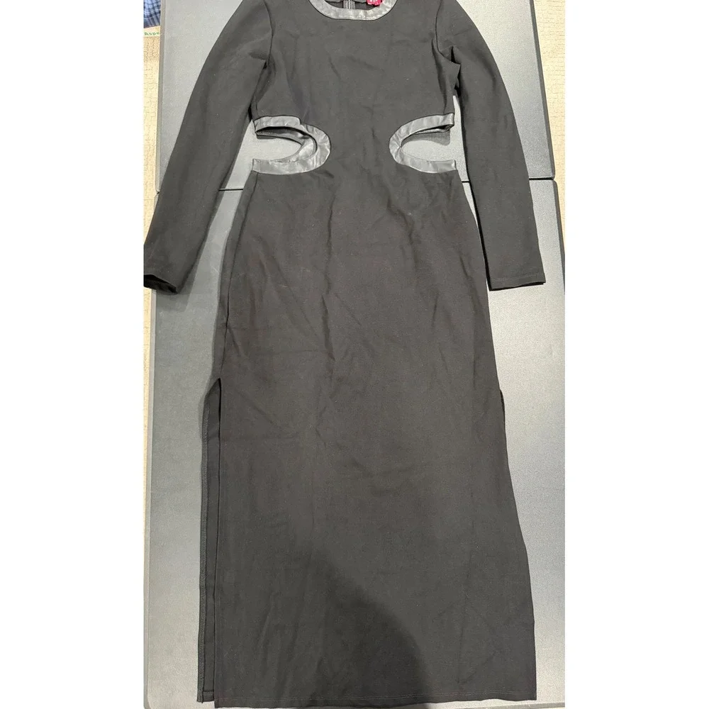 Staud Black Cutout Maxi Dress Long Sleeve Faux Leather Trim Size L